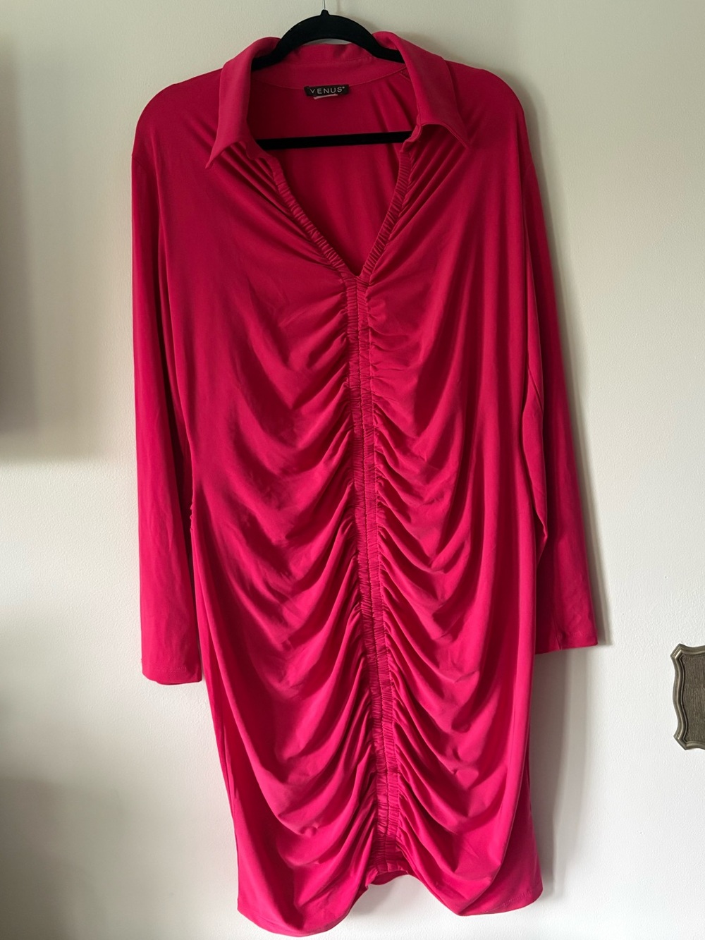 VENUS Hot Pink Ruched Front Long Sleeve Dress